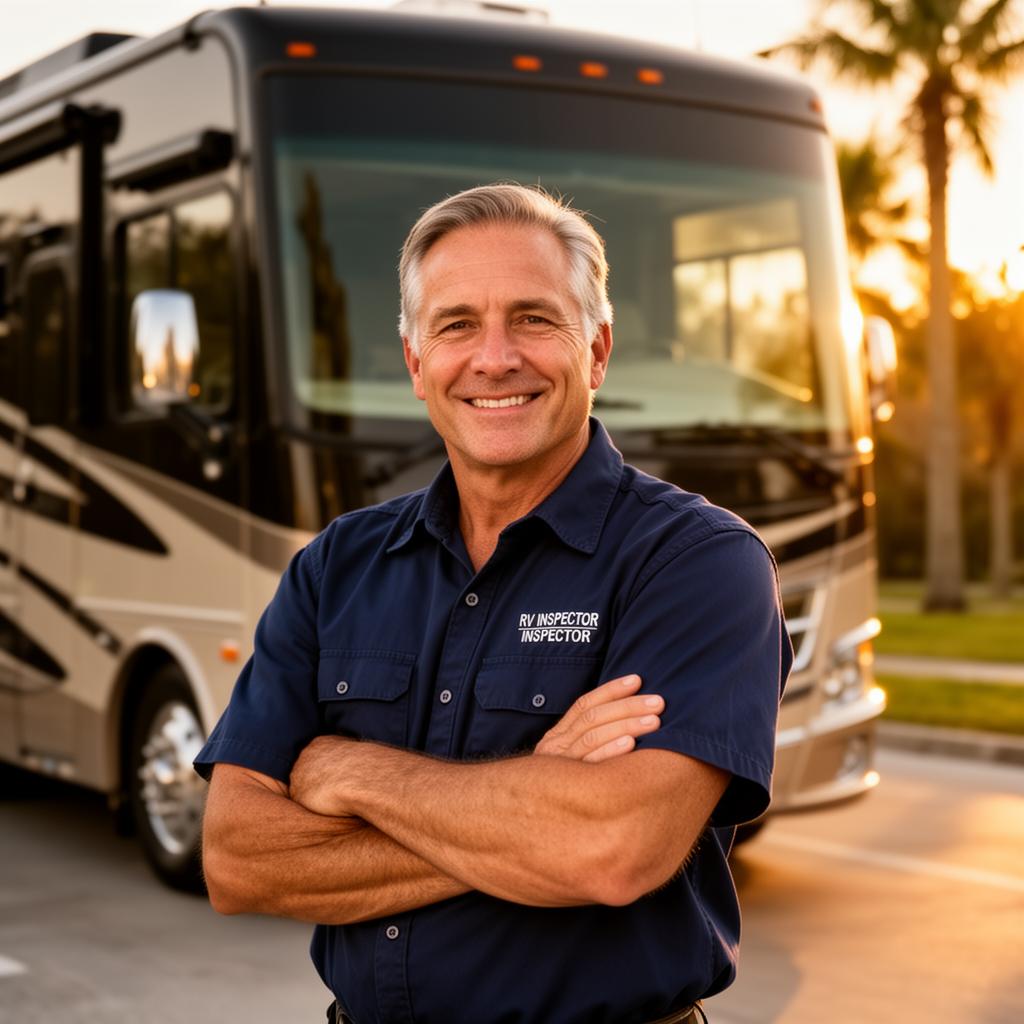 Steven May, owner-operator of Premier RV Inspections and Protection, inspecting a fifth-wheel RV in Venice, FL